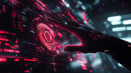 A futuristic concept where a hand interacts with a digital interface, symbolizing the advent of digital transformation and the exploration of the metaverse