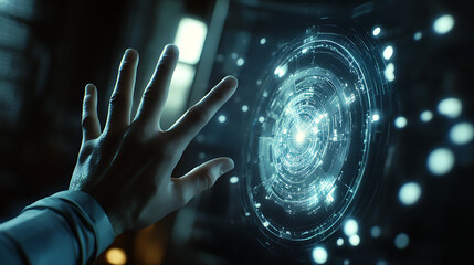 Poster - A futuristic concept where a hand interacts with a digital interface, symbolizing the advent of digital transformation and the exploration of the metaverse