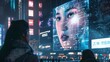 © Shah Zain - Colossal Digital Billboard at Night. Futuristic Cityscape with Digital Billboard and Holographic Face in Cyberpunk Night Scene