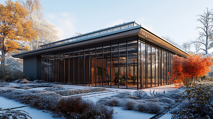Aufkleber - A large and modern ornately colored winter garden with an extra wide roof, a grey colored cladding and glass windows on the side overlooking an outside garden