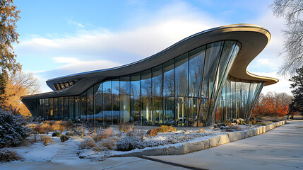Aufkleber - A large and modern ornately colored winter garden with an extra wide roof, a grey colored cladding and glass windows on the side overlooking an outside garden