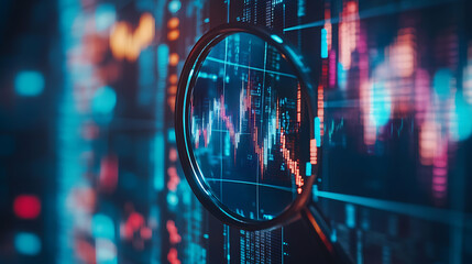 Leinwandbilder - A magnifying glass over an abstract stock market graph The focus is on a digital screen showing real, time global financial symbols such as blue grid lines