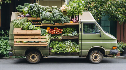 Aufkleber - A local farmer is delivering a variety of fresh, organic produce including vegetables, greens, and fruits directly to customers doors in a branded delivery van, emphasizing farm, to, table freshness