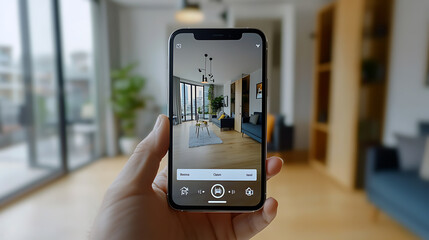 Poster - A smartphone app screen displays a smart home technology interface, featuring an augmented reality (AR) view of internet of things (IoT) connected objects within the apartment interior