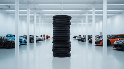 Poster - A stack of tires is displayed in the foreground with cars parked on both sides and an empty white floor in the background