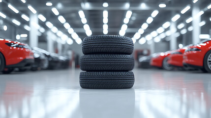 Aufkleber - A stack of tires is displayed in the foreground with cars parked on both sides and an empty white floor in the background