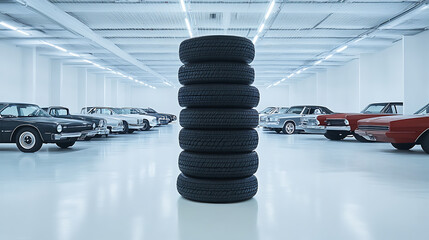 Poster - A stack of tires is displayed in the foreground with cars parked on both sides and an empty white floor in the background