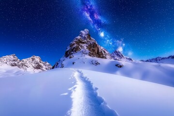 Wall Mural - stunning winter night landscape featuring a dark blue sky, moon and stars. snowy forest road through