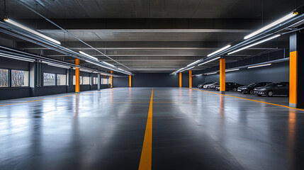 Poster - A vast, dark hall or garage, evoking a sense of space and potential, suitable for various uses including car storage or events
