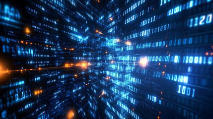 Leinwandbilder - Abstract digital background with cloud technology and binary code, representing a data transfer concept, with glowing lights and interconnected connections