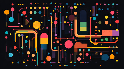 Poster - Abstract flat background with colorful lines and dots on black, simple geometric shapes forming an illuminated subway map pattern