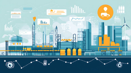 Poster - An illustration of business process automation concept, showcasing graphs for distribution analysis and consumption monitoring in a high, tech digital environment