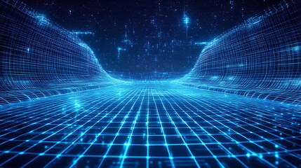 Poster - A blue grid with glowing lines on a dark background, a futuristic digital landscape background