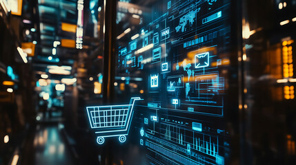 Poster - Artificial Intelligence in Retail concept, featuring a high, tech background and a prominent shopping cart symbol, symbolizing the integration of AI in shopping experiences