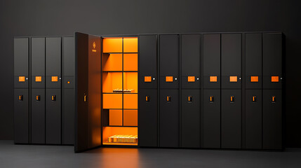 Poster - Bank safe deposit boxes in black and orange, There is an open door and a gold bar