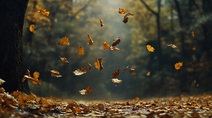 Leinwandbilder - Autumn background with golden autumn leaves falling on the ground in a forest