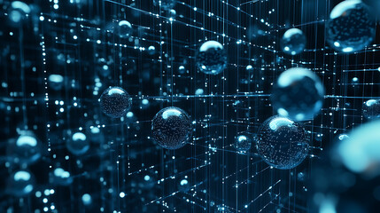 Poster - Big data visualization showcasing information analytics with abstract streams of information, ball arrays, and binary code, Filtering machine algorithms and data sorting in technology background