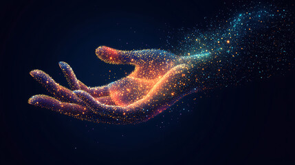 Leinwandbilder - Abstract digital wave dots background with gradient color and hand shape technology concept design for banner or poster on dark blue background