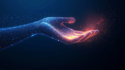 Poster - Abstract digital wave dots background with gradient color and hand shape technology concept design for banner or poster on dark blue background