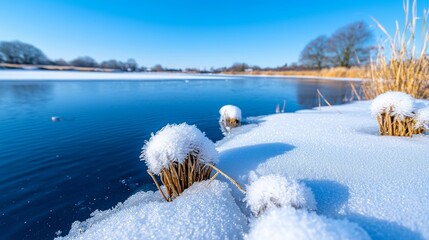 Winter's beauty was reflected in the elegant patterns of hoar frost covering the frozen surface of a still lake.