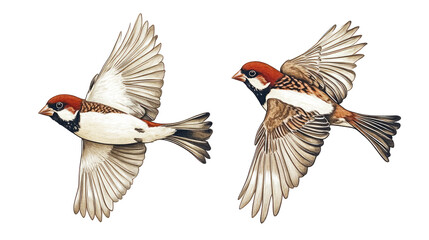 Poster - house sparrows in dynamic flight captured in detailed illustrations generative ai