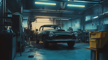 Poster - Car undergoing maintenance in an auto repair shop Focusing on quality service and the expertise of mechanics in ensuring vehicle safety and performance