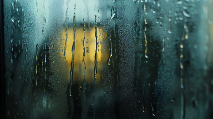 Poster - Close, up of double, glazed window condensation caused by excessive moisture in the house in winter occurs when the seal between panes is broken or desiccant inside the window