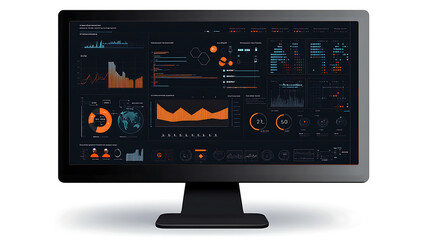 Leinwandbilder - Computer monitor displaying an abstract network monitoring dashboard with real, time data analytics, graphs, and system health indicators