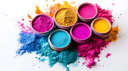 Poster - Colorful paint splashes and powder explosions Symbolizing creativity Energy And the vibrant festival of holi On an isolated white background