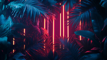 Fototapete - Dark jungle with neon lines and palm leaves night scene for tropical party background