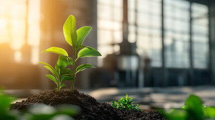 Wall Mural - Decarbonization, featuring a vibrant green plant in the foreground with a CO2, emitting industrial chimney in the background, symbolizing the balance between industry and environmental sustainability