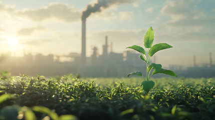 Aufkleber - Decarbonization, featuring a vibrant green plant in the foreground with a CO2, emitting industrial chimney in the background, symbolizing the balance between industry and environmental sustainability