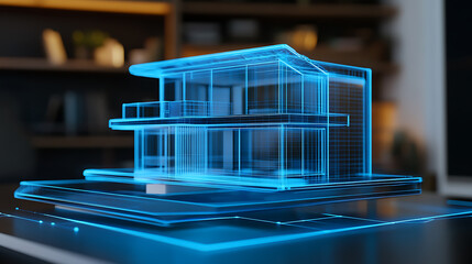 Aufkleber - Digital hologram of a modern house on a digital table technology concept for real estate or architecture business