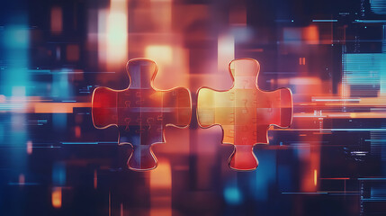Poster - Digital representation of API integration concept with interlocking puzzle pieces against a futuristic tech, inspired abstract background, symbolizing connectivity and interoperability