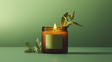 Aufkleber - An amber candle with a green sage and lemon label, set against a green background