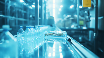 Aufkleber - An automated industrial machine for plastic packaging is shown under a light effect, focusing on the automated packaging line for products and food in a light blue scene