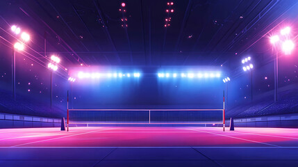 Poster - An illustration of a volleyball court arena field with bright stadium lights designed to enhance the visibility and ambiance of night matches