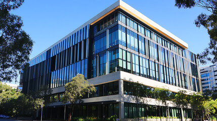 Poster - A photo of the facade of an office building in Sydney, Australia with full glass windows on one side and concrete walls on another side