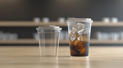 Poster - A realistic looking disposable transparent ice cup, a transparent plastic cup mockup with a lid, and an iced Americano