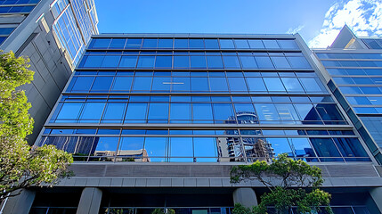 Poster - A photo of the facade of an office building in Sydney, Australia with full glass windows on one side and concrete walls on another side