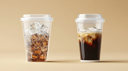 Aufkleber - A realistic looking disposable transparent ice cup, a transparent plastic cup mockup with a lid, and an iced Americano