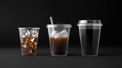 Poster - A realistic looking disposable transparent ice cup, a transparent plastic cup mockup with a lid, and an iced Americano
