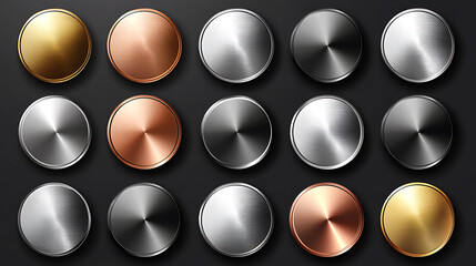 Aufkleber - A set of metal chrome circle buttons is presented in vector format, featuring metallic rose gold, bronze, silver, steel, holographic, and golden badges for diverse design applications