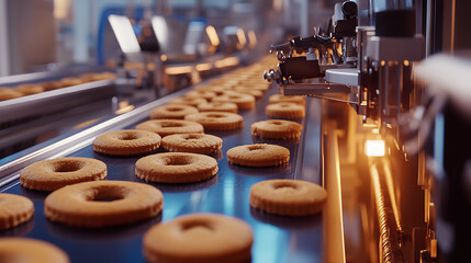 Aufkleber - automated production line with conveyor belt making cookies in bakery or confectionery factory