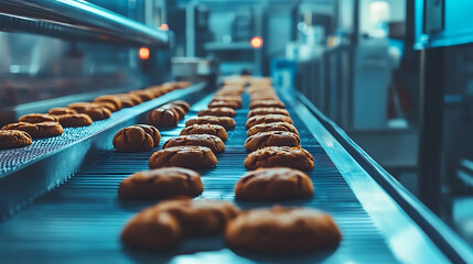Aufkleber - automated production line with conveyor belt making cookies in bakery or confectionery factory