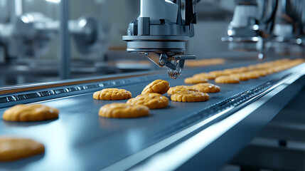 Aufkleber - automated production line with conveyor belt making cookies in bakery or confectionery factory