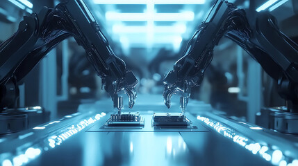 Poster - Automated robotic arms assembling components in a high, tech electronics manufacturing facility