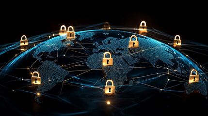 Poster - Global network security concept, featuring an Earth with glowing interconnected lines representing internet connections, overlaid with padlock icons, Robust cybersecurity measures and data protection