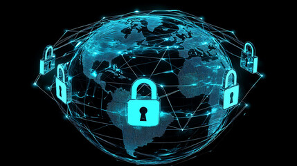 Poster - Global network security concept, featuring an Earth with glowing interconnected lines representing internet connections, overlaid with padlock icons, Robust cybersecurity measures and data protection