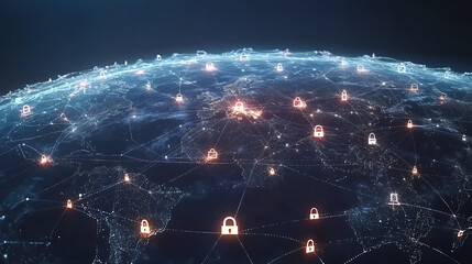 Poster - Global network security concept, featuring an Earth with glowing interconnected lines representing internet connections, overlaid with padlock icons, Robust cybersecurity measures and data protection